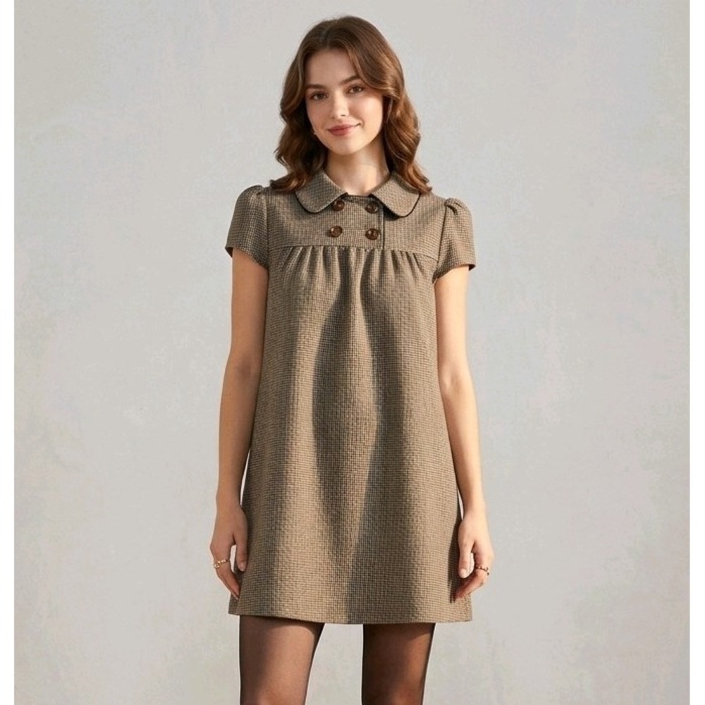 CIDER Babydoll Mini Dress Houndstooth Peter Pan Collar Brown Plaid Smock Size XL